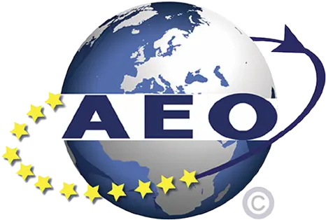 Authorised Economic Operator (AEO) certification badge with a circle of EU stars around a globe.
